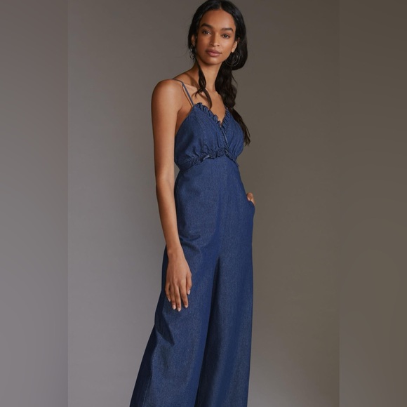 Anthropologie LaBiz Ruffled Denim Wide Leg Jumpsuit with Pockets, M, L, NWT✨ - Picture 4 of 6